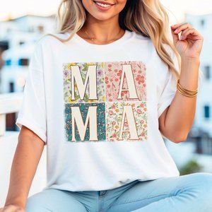 NEW!! Womens Preppy Spring Floral Box Mama T-shirt Mothers Day Gifts for Moms